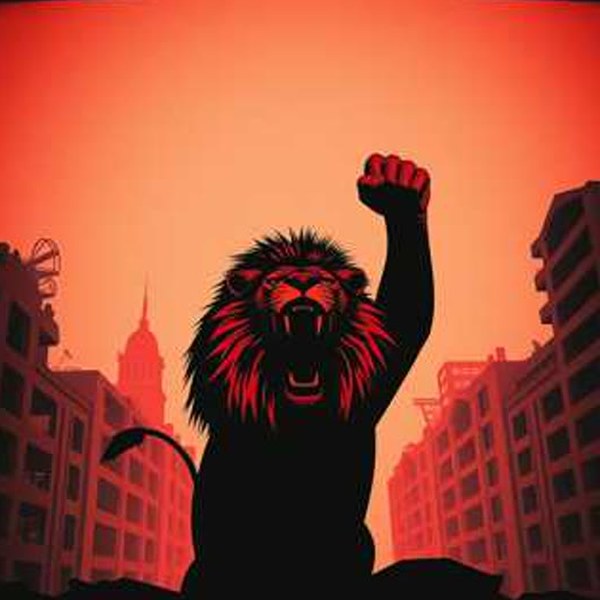 Cover art for Rise and Roar: a roaring lion raising its fist over a city skyline