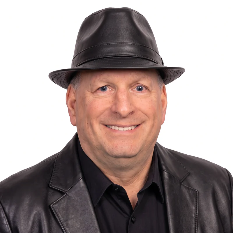 Dan Devine in a black leather blazer and fedora
